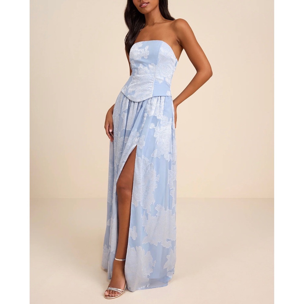 Lulus Alanis Light Blue Floral Jacquard Burnout Strapless Corset Gown L 2732